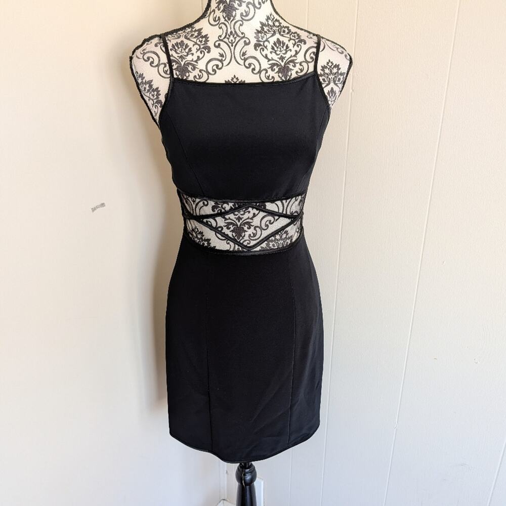 Cache Vintage Black‎ Sheer Waist Panel Mini Bodycon Dress